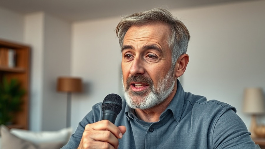 Modern Parenting and Technology: Man discusses topics with a microphone in a cozy setting.
