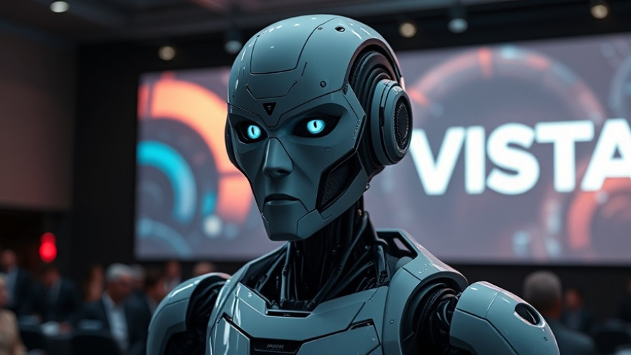 Futuristic humanoid robot in conference for AI video generation.