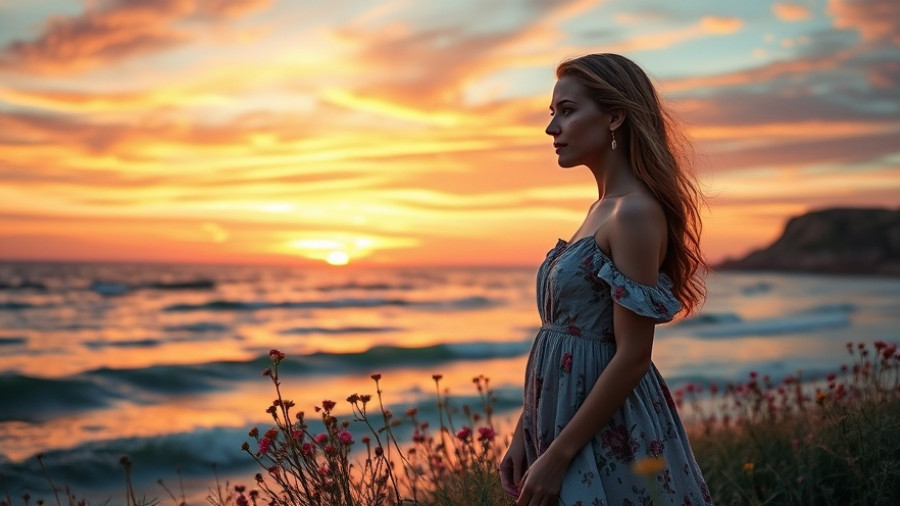 Embracing Vulnerability: Woman gazing at ocean sunset.