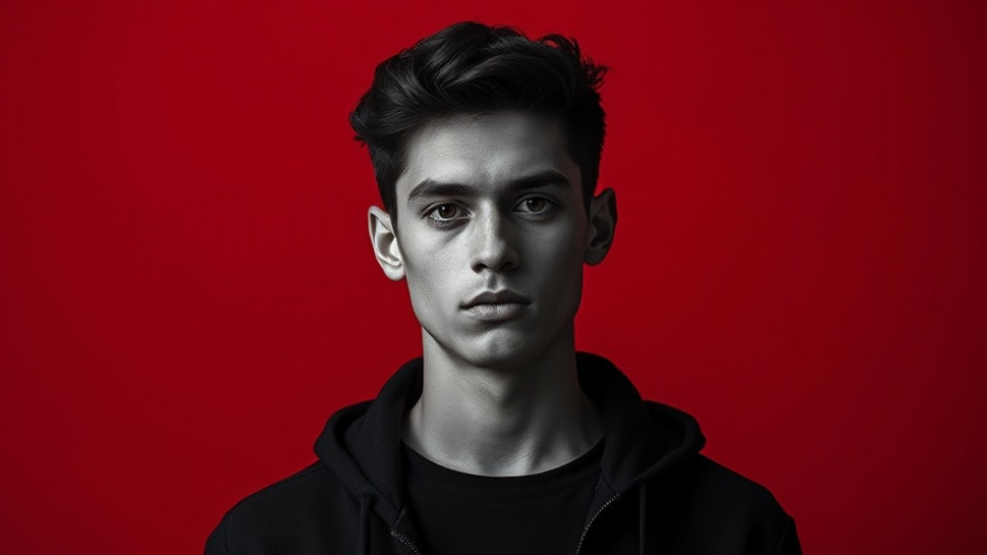 Young man in monochrome with red background reflecting AI imitation and creativity.