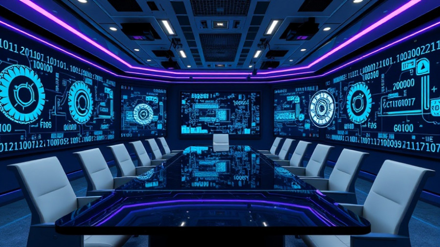 Futuristic conference room with digital screens displaying technology imagery.