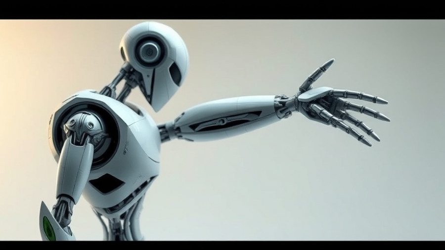 Futuristic humanoid robot with extended arm in a minimalistic setting.