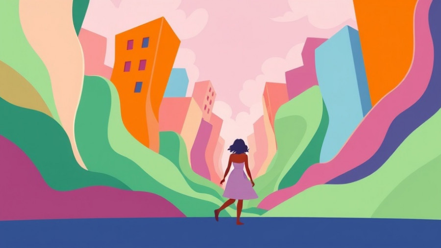 Couple walking hand in hand in a colorful abstract cityscape.