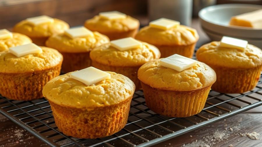 Gluten-free cornbread muffins with butter on cooling rack.