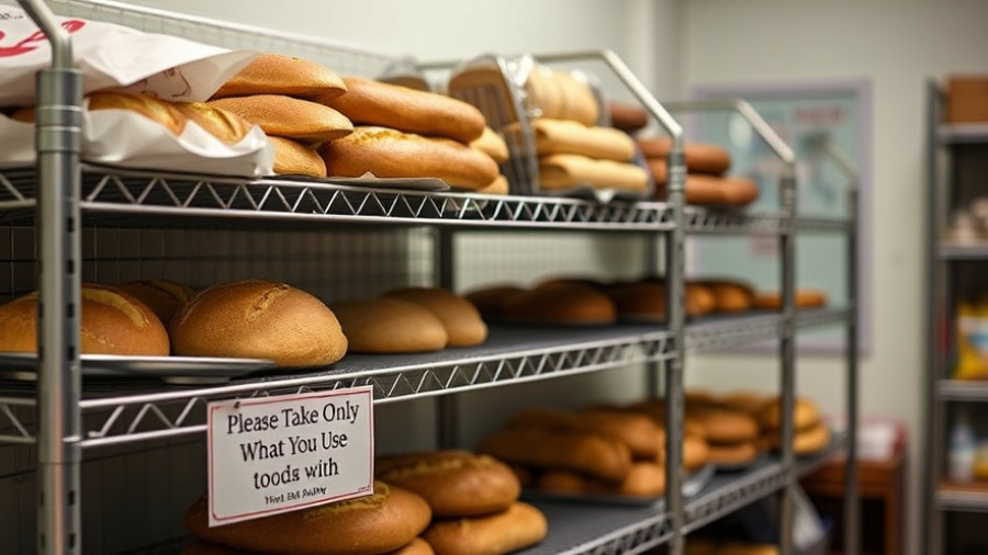 Pantry shelves with sign on food aid limitations.