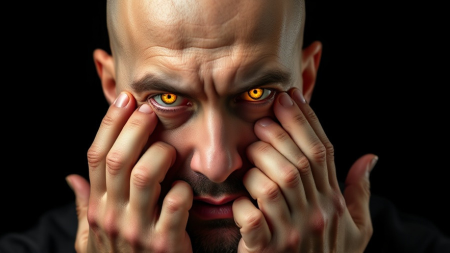 Intense man with glowing eyes against bold text, Deepseek OCR technology.