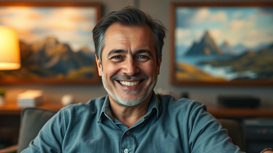 Middle-aged man smiling indoors with landscape art backdrop, AI-enabled radar for seniors safety