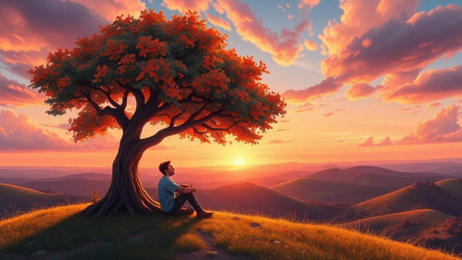 Serene man relaxing under tree in vibrant sunset, power of slowing down.