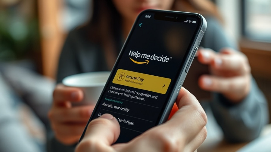 Amazon Help Me Decide button on smartphone held by person with coffee.