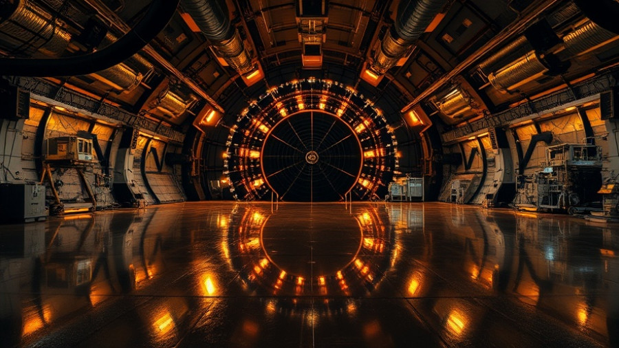 Vast underground neutrino detector with glowing lights related to the origin of matter.