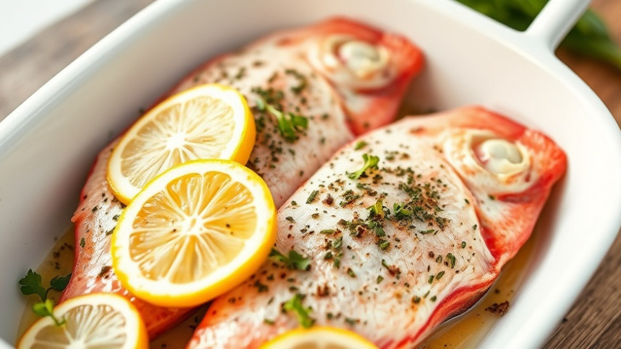 Baked red snapper fillets with herbs and lemon in a dish, red snapper recipe.