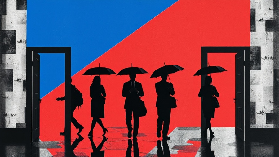 Stylized silhouettes with umbrellas depict 2025 tech layoffs.