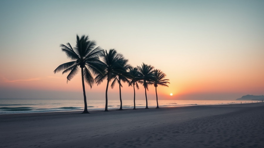 Serene sunset beach scene, gentle waves and palm trees.