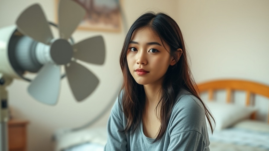 Young woman using fan for nonhormonal treatment menopause relief.