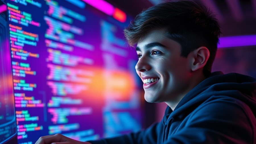 Person smiling amid digital coding interface, game development vibes.