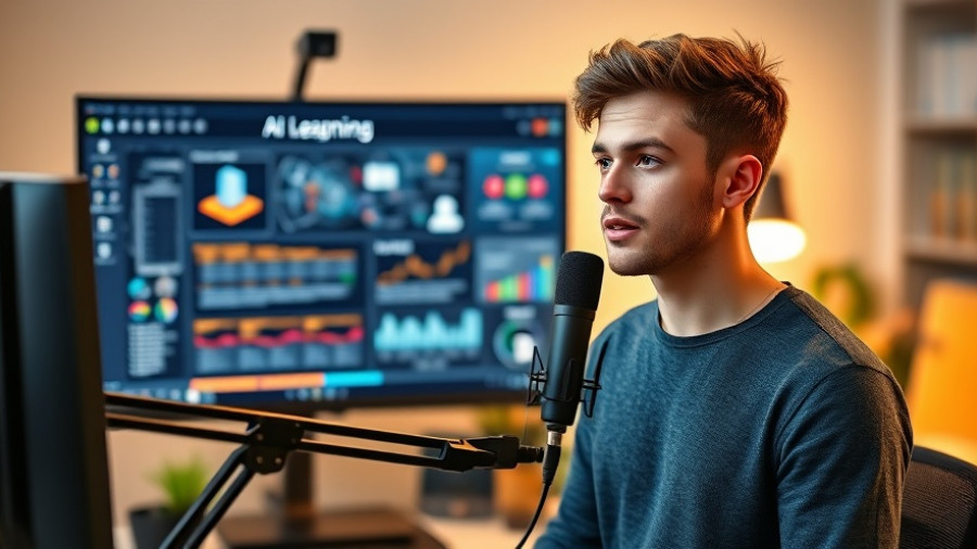 Young man discusses online AI learning platform in warm-lit office.