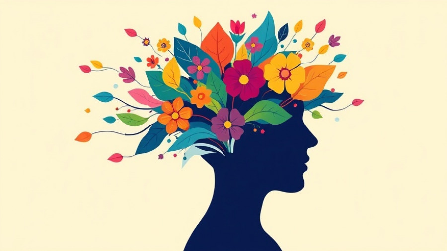 Cultivating curiosity through mindfulness illustration with a colorful head and flowers.