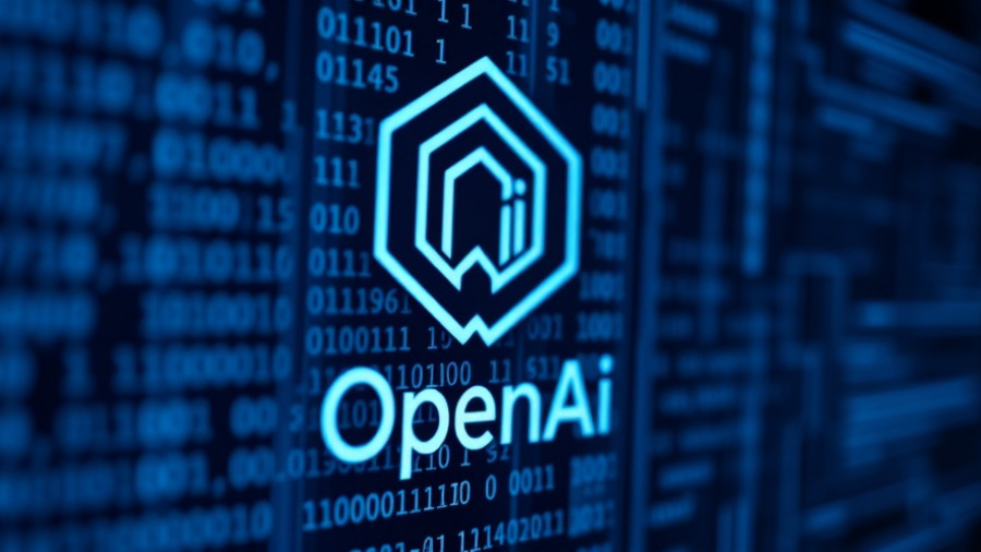 OpenAI logo with binary code on screen, generative music tool context.