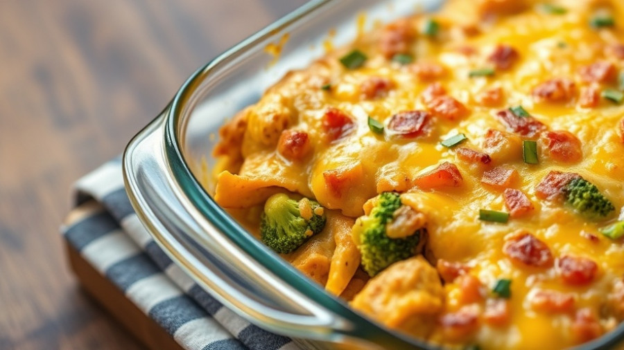 Cheesy Chicken Broccoli Curry Casserole baked in glass dish