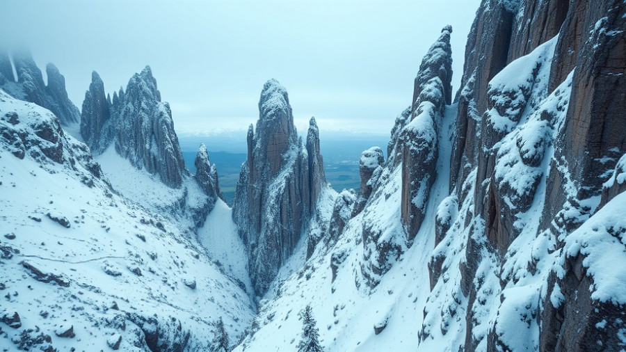 Drone shot of majestic snow-dusted spires, winter landscape