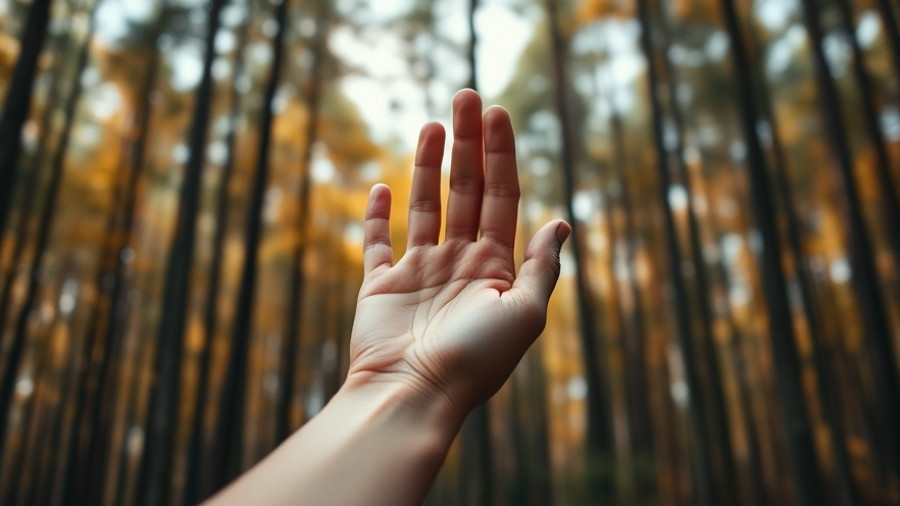 Open hand reaching out in forest, stop taking things personally concept.