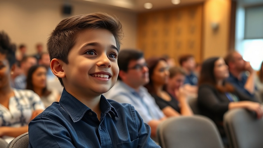 Young boy learning how to start a business in a seminar environment.