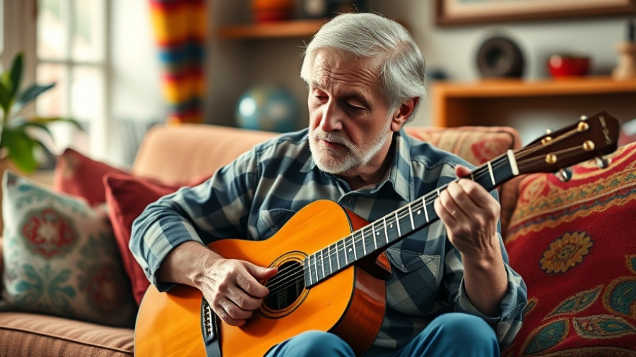 Elderly man playing guitar, woman reading; cozy retirement