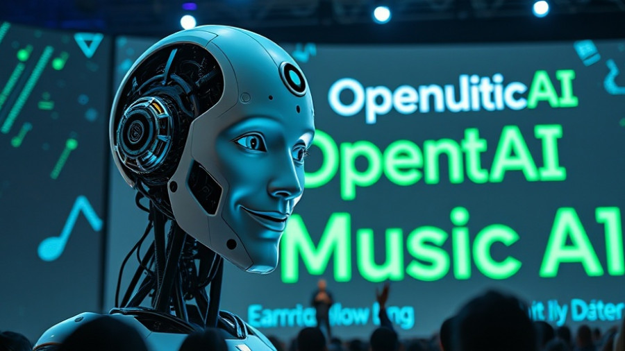 AI music generator and creative technology presentation with humanoid robot and speaker on stage.