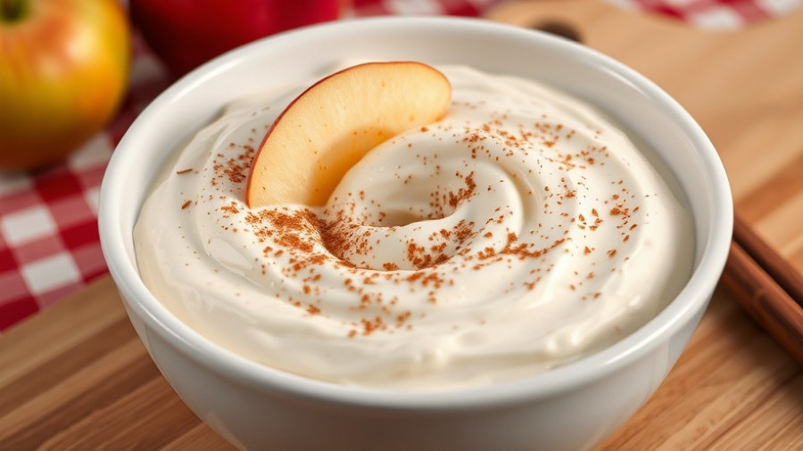 Healthy yogurt fruit dip with apple slice and cinnamon topping.