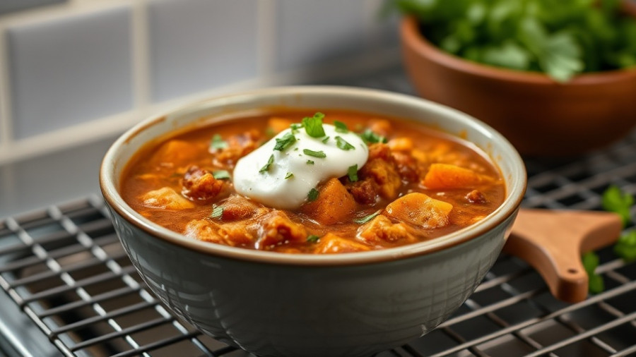 Colorful pumpkin chili recipe with sour cream and herbs.