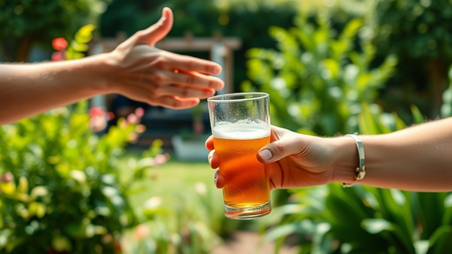 Person declining a beer in outdoor garden setting