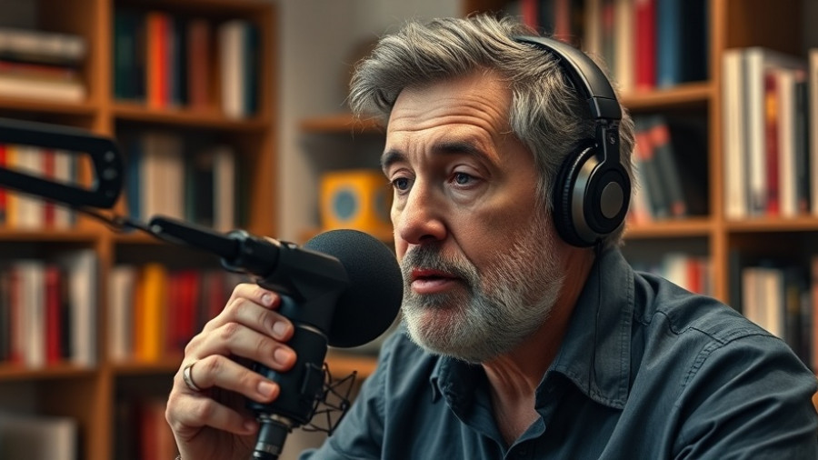 Middle-aged man podcasting on AI technology trends in a modern studio.