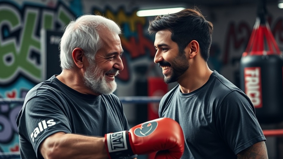 Older man and young man bonding in a boxing gym, social engagement for older adults.
