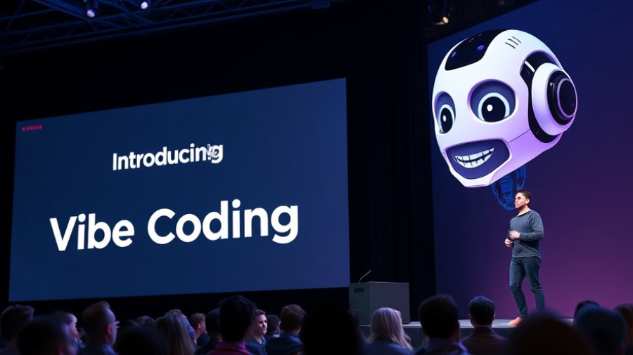 Futuristic scene of vibe coding AI studio reveal at a tech conference.
