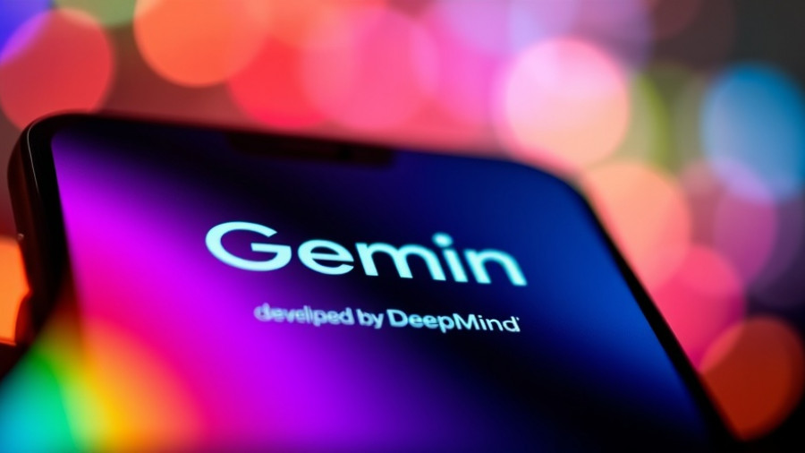 Gemini logo on smartphone screen with colorful bokeh background.