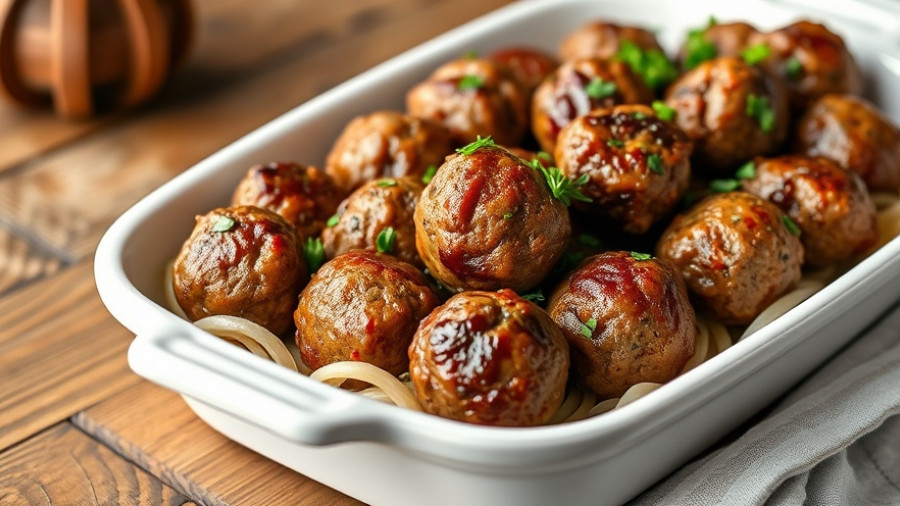 Low-carb beef and sausage meatballs with tomato sauce and cheese in a baking dish.