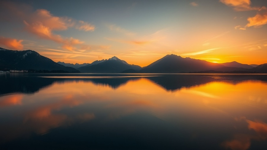 Serene lake and mountains at sunset for inspirational videos on stress relief.