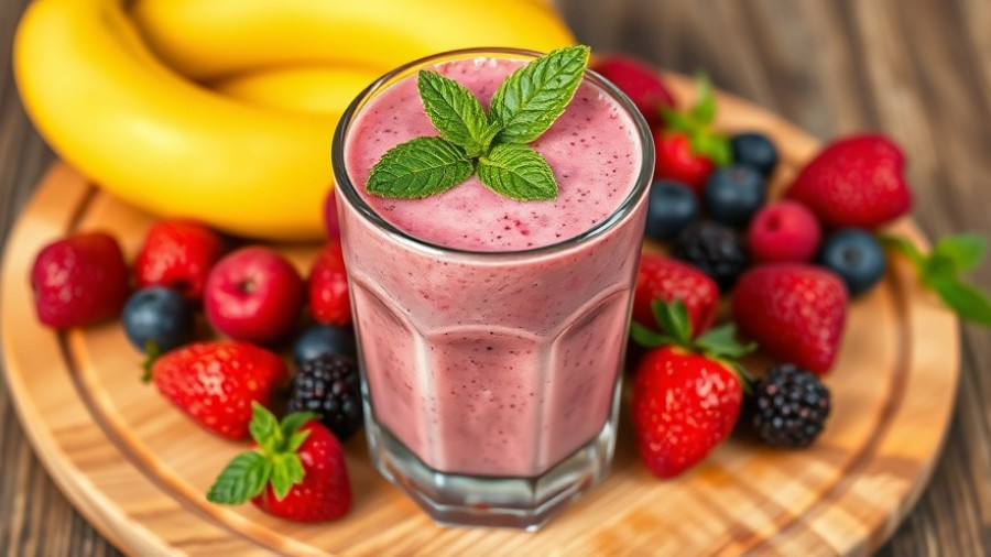 Banana and berry smoothie with mint, showcasing health benefits.