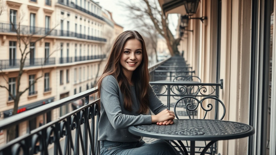 Smiling woman on Parisian balcony with city view