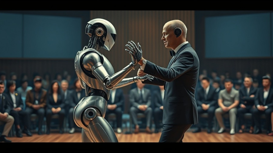 Self-evolving AI robots performing on stage with a human.