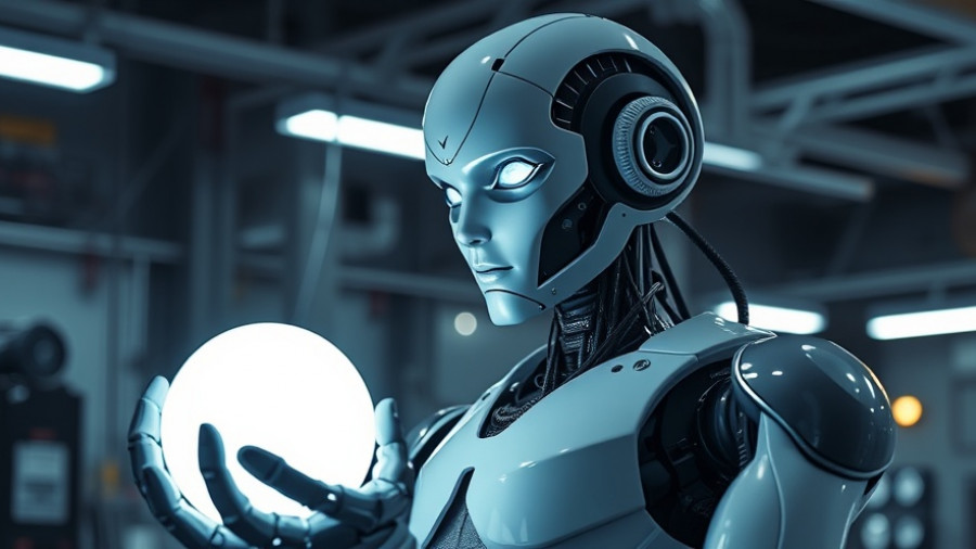 AI-powered robot handling glowing orb in futuristic workspace.