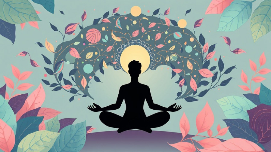 Abstract meditating figure with colorful thoughts, 12 minute meditation thoughts.