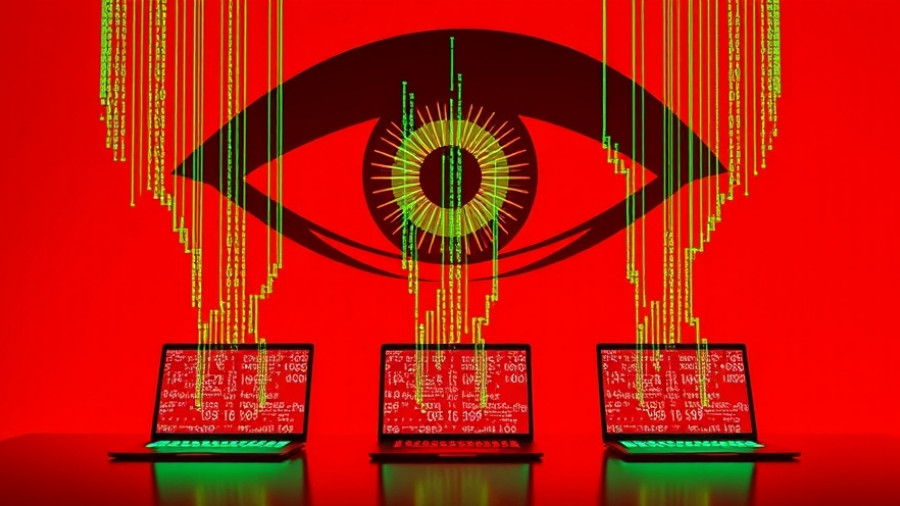 Abstract depiction of Italian spyware attacks with eye and laptops.