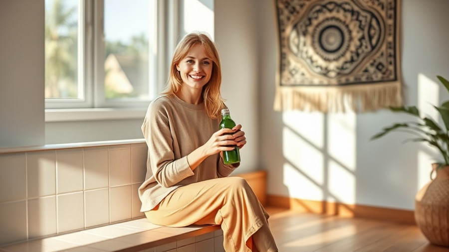 Fall juice date setting with smiling woman holding green juice, cozy atmosphere.