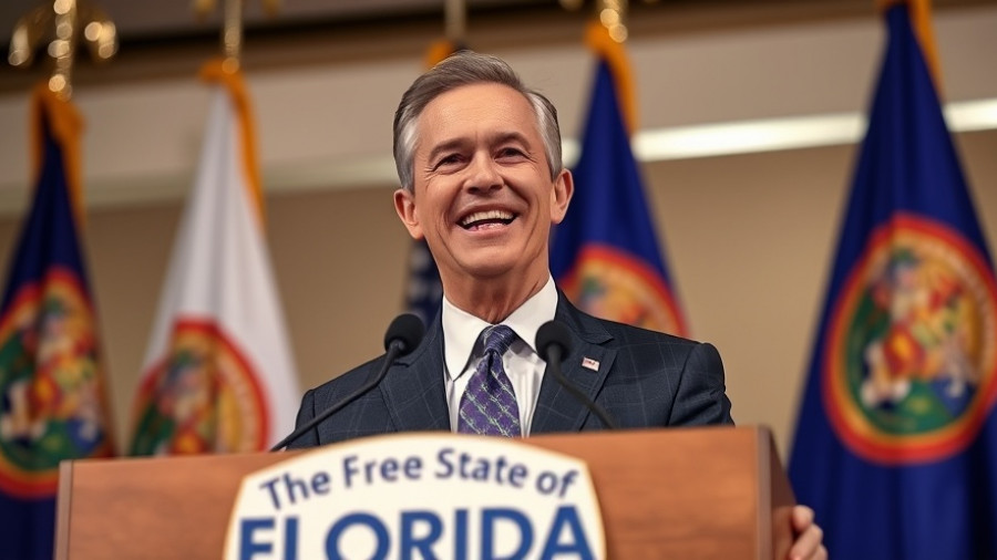 Speaker discussing Florida vaccine mandates at podium with state flags.