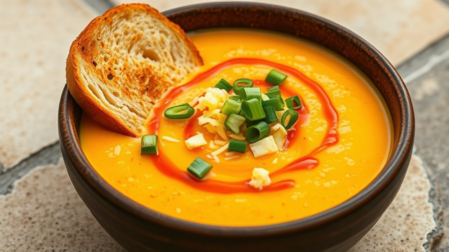 Cheddar buffalo cauliflower soup with toppings and bread.