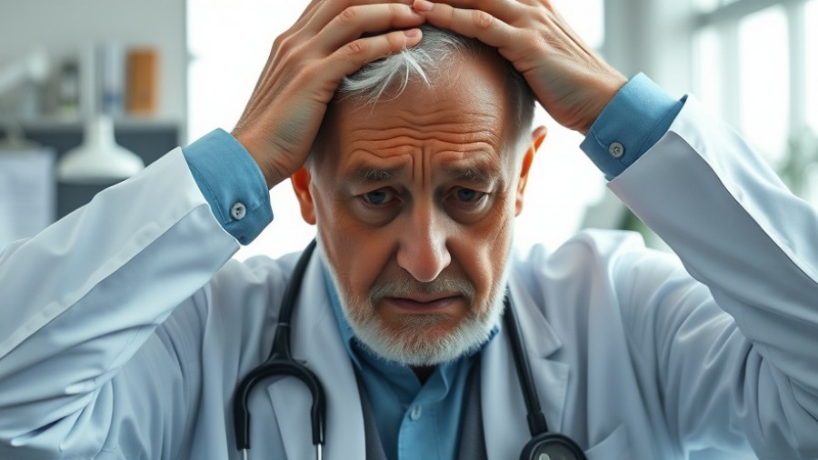 Older doctor expressing distress in a medical office, shame competence in medicine.
