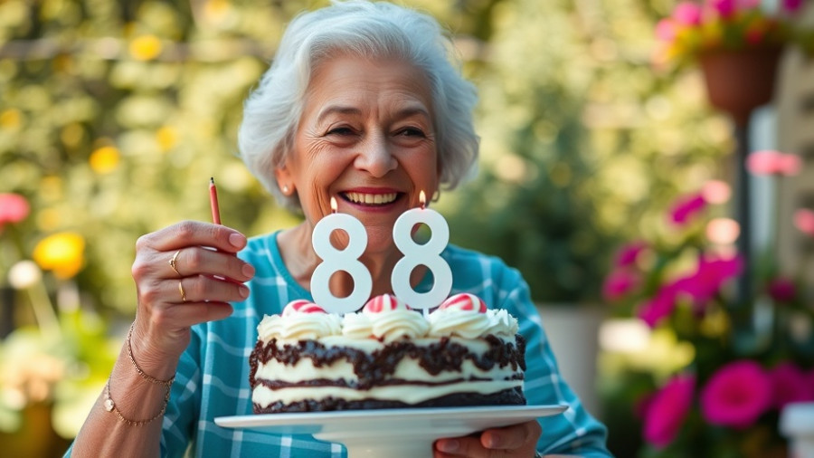 Elderly woman celebrating 87th birthday in garden, smiling with cake.