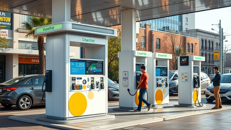 Modern automated gas pump station in urban setting.