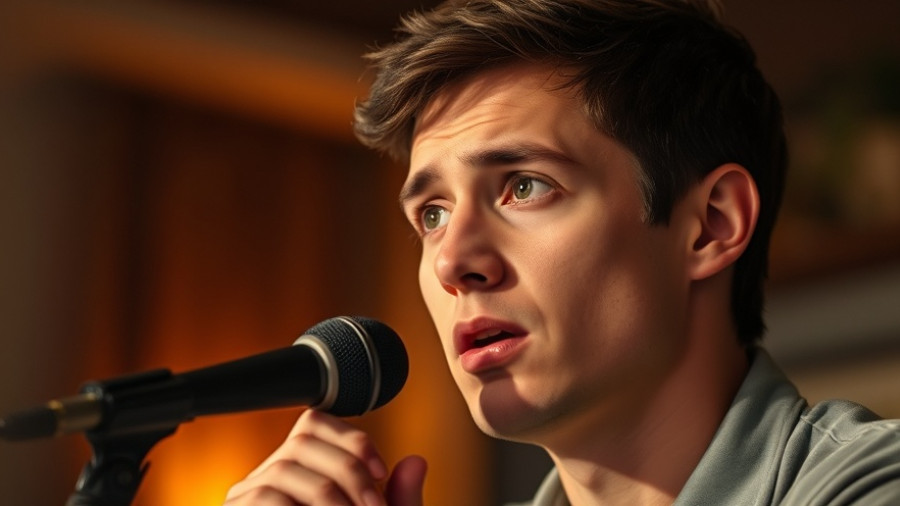 Young man discussing new Sora restrictions for public figures in dim setting.